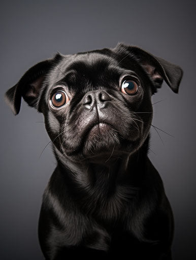 Black pug dog looking at camera white background