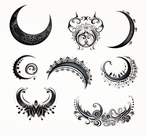 Moon and crescent tattoos on white background