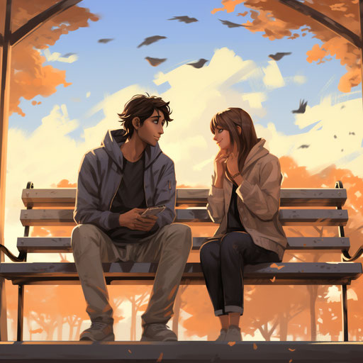 The two lovebirds sitting in silence on a bench with park backdrop