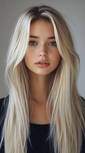 Blond, straight hair with highlights, shiny, long, beautiful model girl