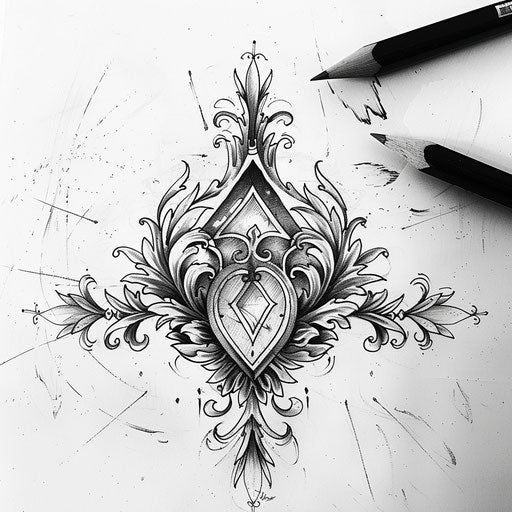 Ornamental triangle tattoo drawing with baroque elements