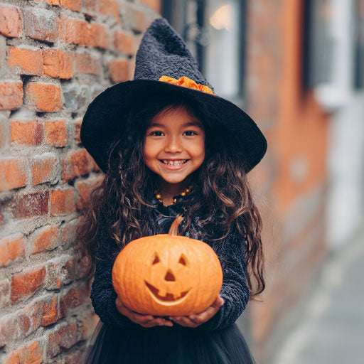 A cheerful girl in a witch costume with a jack-o'-lantern