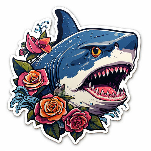 Shark with skull and flower tattoo, colorful graffiti style