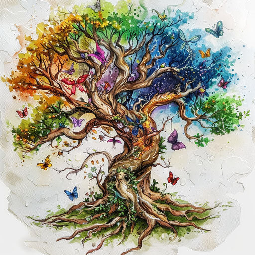 Fantasy tree of life with mythical creatures on white canvas