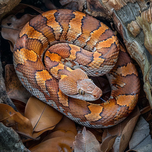 Copperhead snake sunbathing, in the style of Will Burrard-Lucas