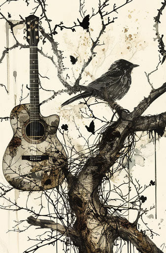 Acoustic guitar and bird in vine style, threadbare abstractions