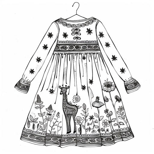 Casual dress with cheerful animal prints, great for kids. Coloring book page