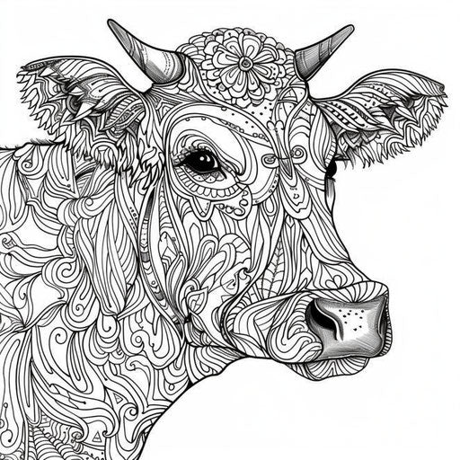 Highly detailed cow zentangle pattern