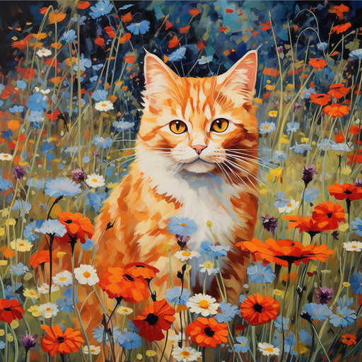 Ginger cat in a field of flowers