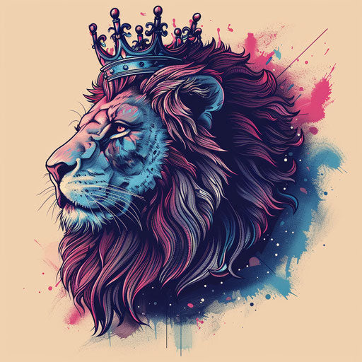 Surreal lion with crown in clipart style with bold colors