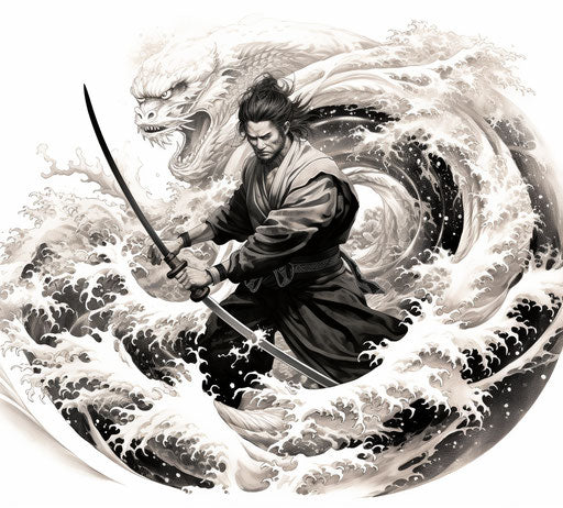 Black and white drawing of a Japanese iaido warrior, dragon art style