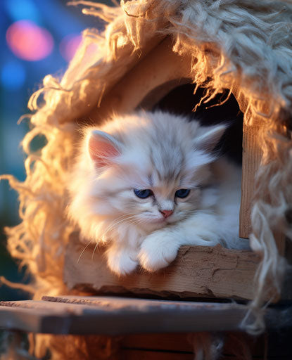 White kitten lying on a cat house