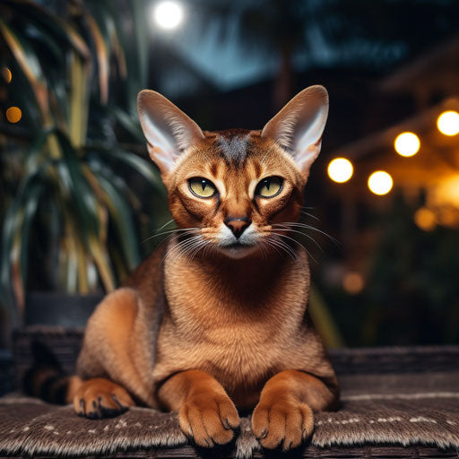 Abyssinian cat lying outside at night
