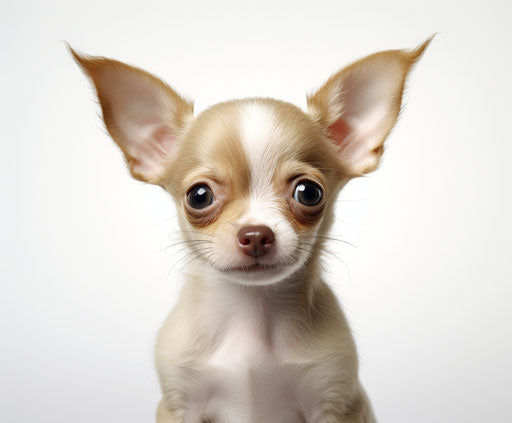 Brown and white chihuahua puppy looking at the camera