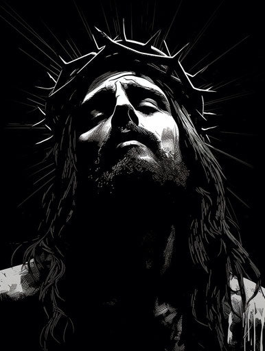 Inked portrait of Jesus on the crown of thorns with a cross in the middle