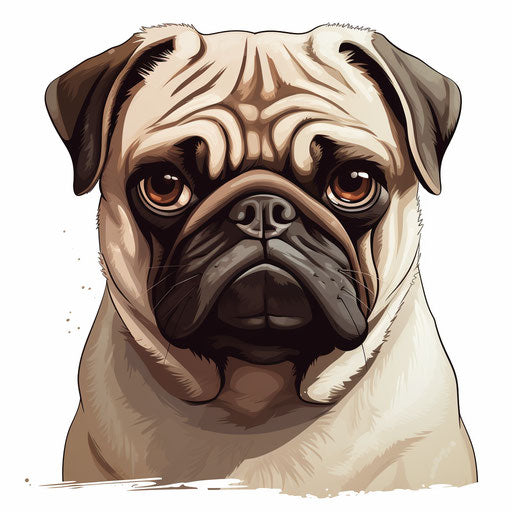 Pug dog on white background, artistic style, brooding mood