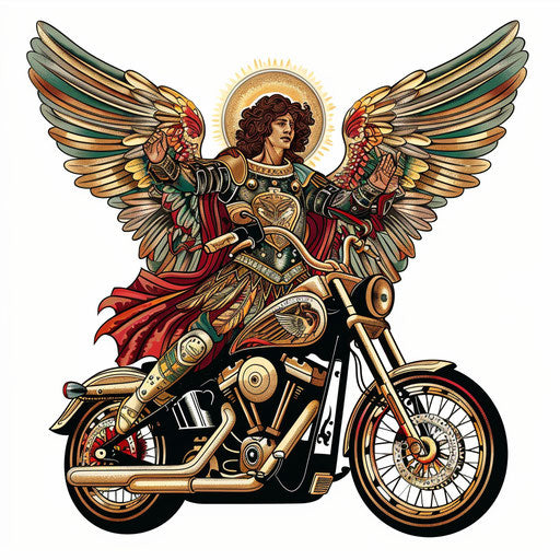 Neo-traditional tattoo of Archangel Michael with classic motorcycle on white background