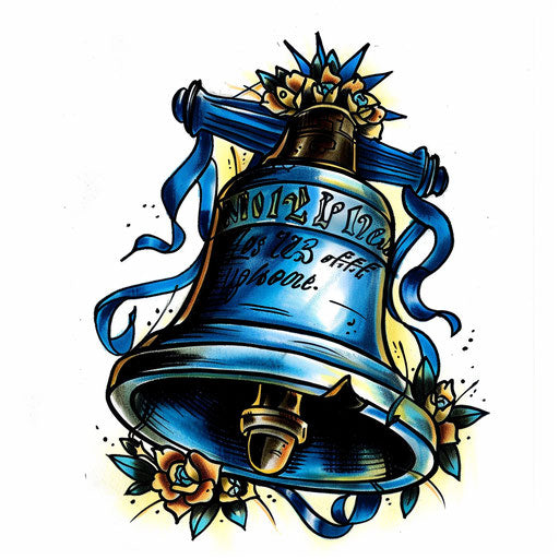 Drawing of a liberty bell tattoo design, old school American style
