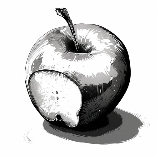 Reflective tattoo sketch of an apple with a missing bite