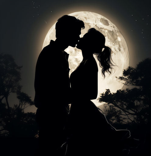 Embrace under the full moon in black and white style