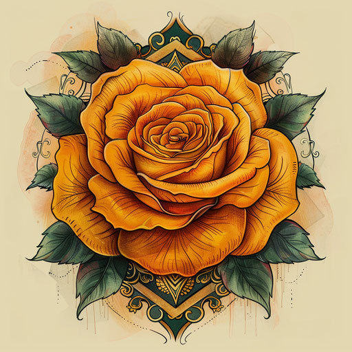 Exotic flat tattoo sketch of a yellow rose with oriental motifs and rich textures