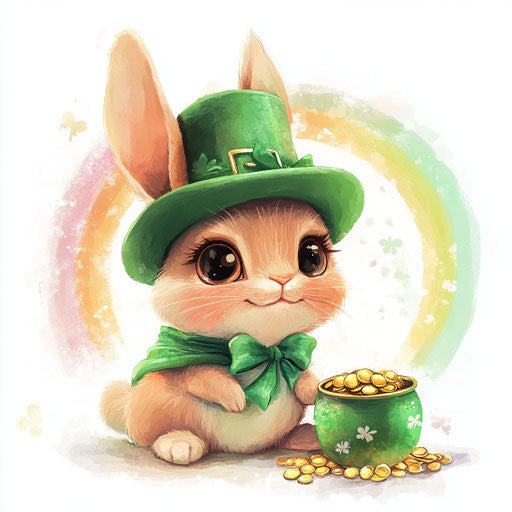 St. Patrick's Day, cute bunny in green with hat next to pot of gold and rainbow