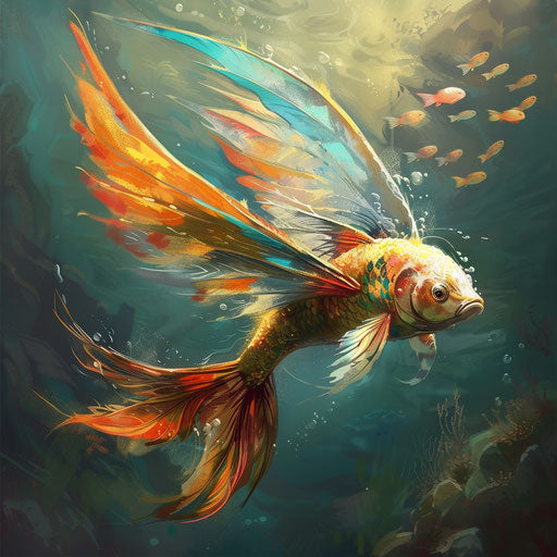 A mythical fish with wings, gliding through water and sky