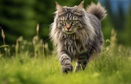 Gray long haired cat walking on grass