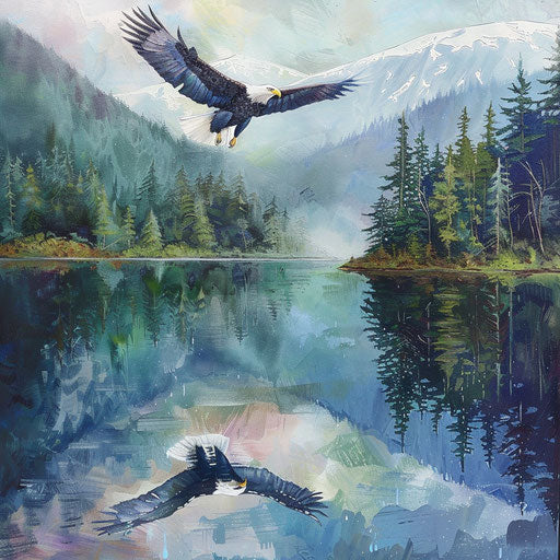 Majestic bald eagle soaring over pristine mountain lake