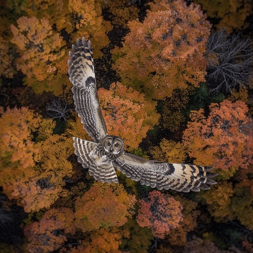 Spotted owl soaring over autumn leaves
