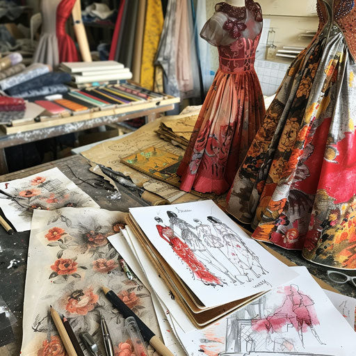 Creating business images of a fashion designer in a studio surrounded by fabrics and sketches