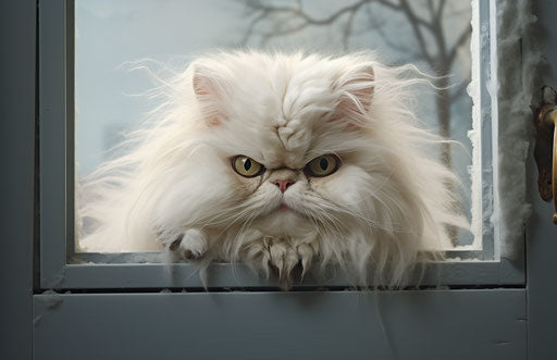White Persian cat looking out window, exaggerated facial style
