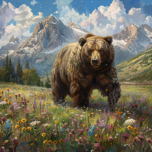 Bear standing in field of wildflowers, majestic mountains