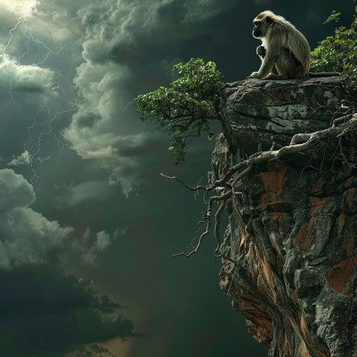 Zanzibar red colobus perched on cliff face with storm