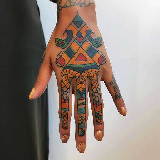 Abstract and colorful hand tattoo for women with geometric shapes