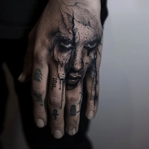 Ring finger tattoos with dark surrealism