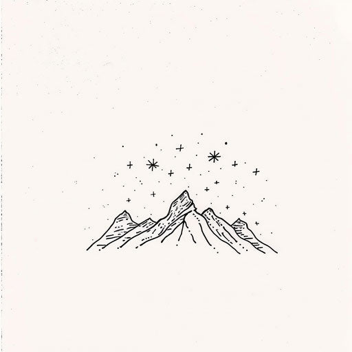 Minimalist tattoo design of mountain landscape under starry sky