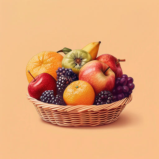 Realistic fruit basket clipart on pastel peach background