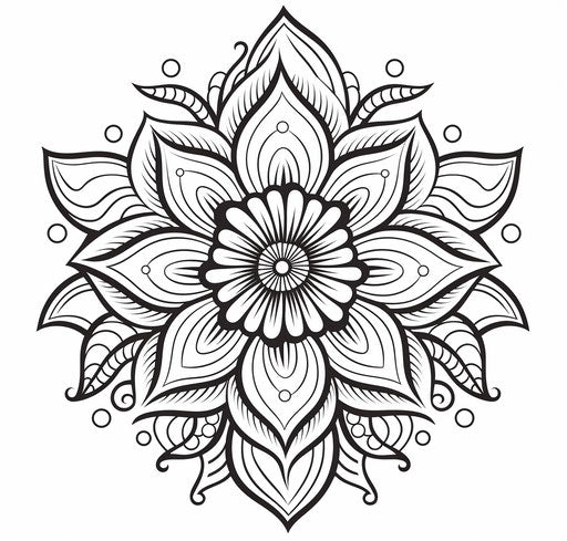 Colorful mandala flower, detailed Indian motifs in black & white