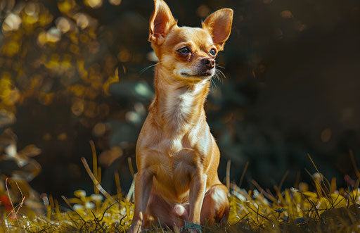 Dog sitting on grass in summer, hyper-realistic hyperbole