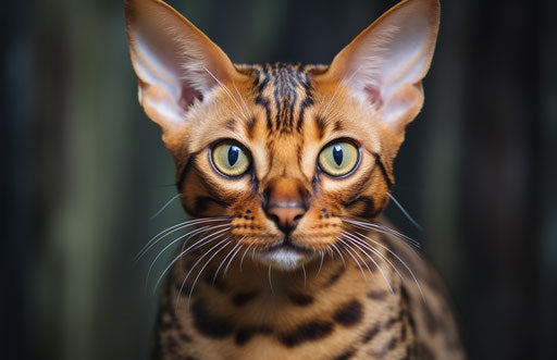 Bengal cat with exaggerated facial features looking at camera