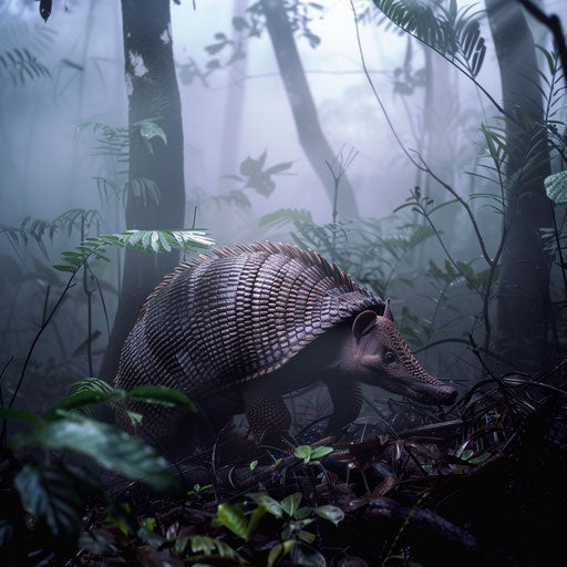 An armadillo wandering in a dense fog-covered rainforest