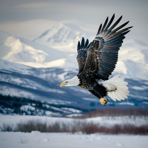 Bald eagle gliding over snowy landscape