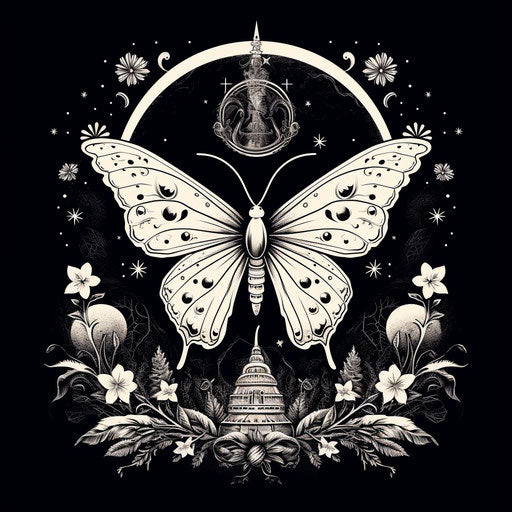 Cosmic butterfly moon moon glyph art, hand-drawn style
