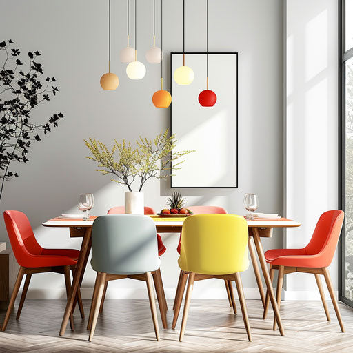 Realistic dining room illustration with flat white background, dynamic lighting and vivid colors