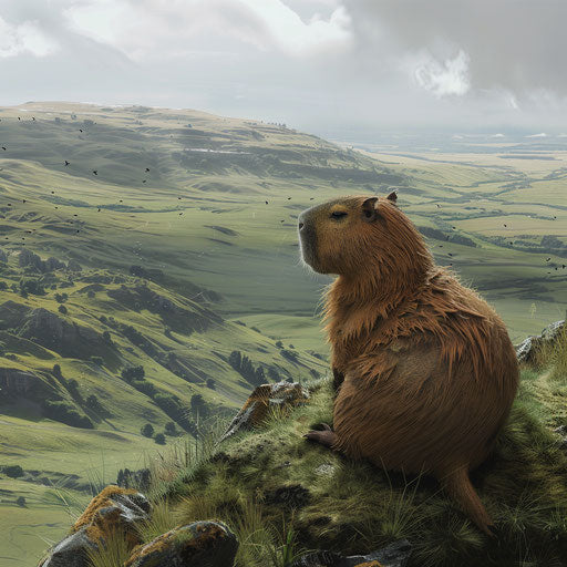 Capybara on grassy hill overlooking valley panorama