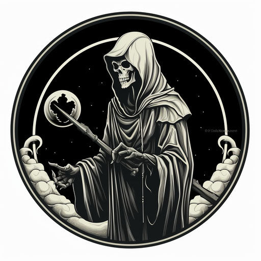 Black and white illustration of a grim reaper with a scythe