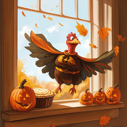 Superhero turkey rescues pie with cheering pumpkins