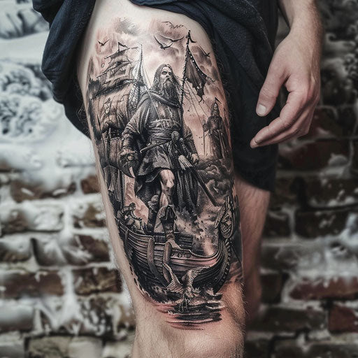 Epic mythological journey tattoos in a Peter Jackson style