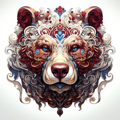 Illustration of a bear head with colorful ornaments